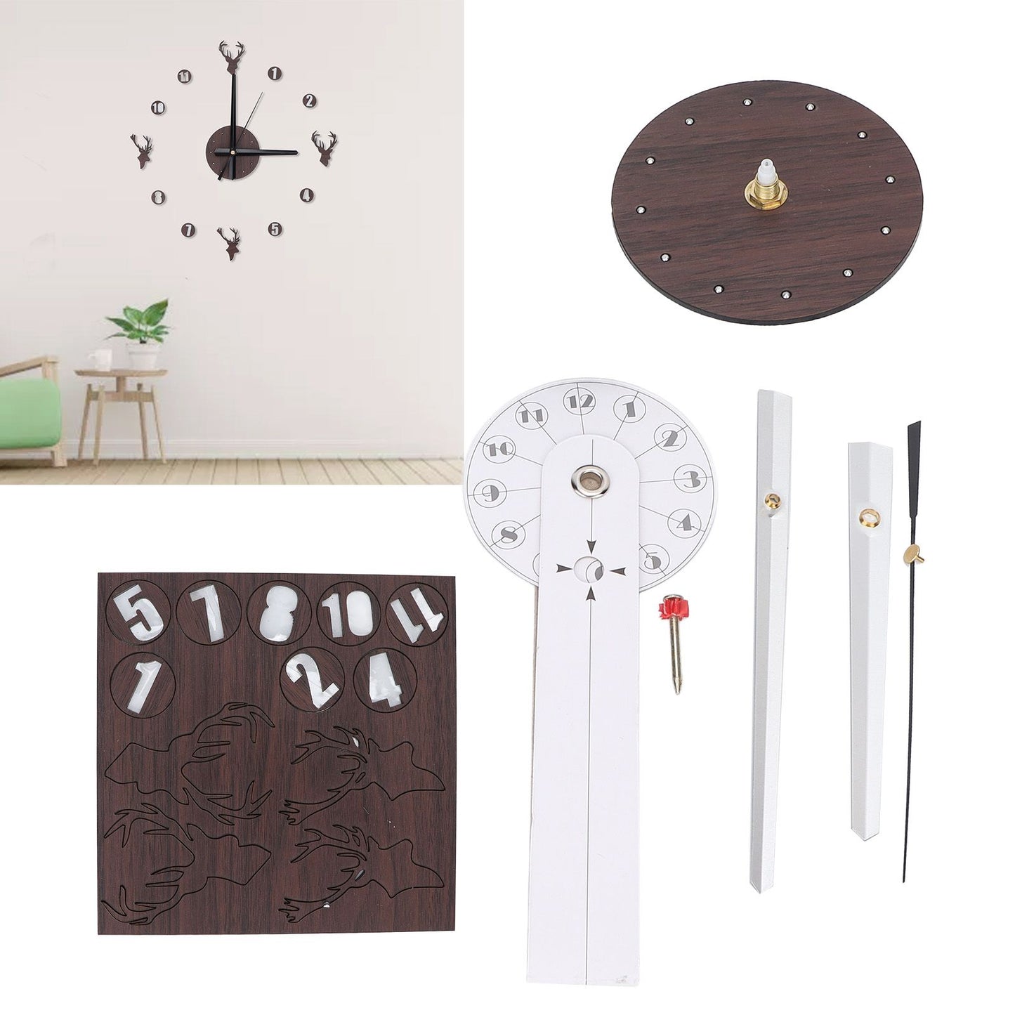 Frameless Wall Clock Deer Head 3D Effect Self Adhesive DIY Clock with Silent Movement for Living Room Bedroom V1294-YM0523-3115220016511