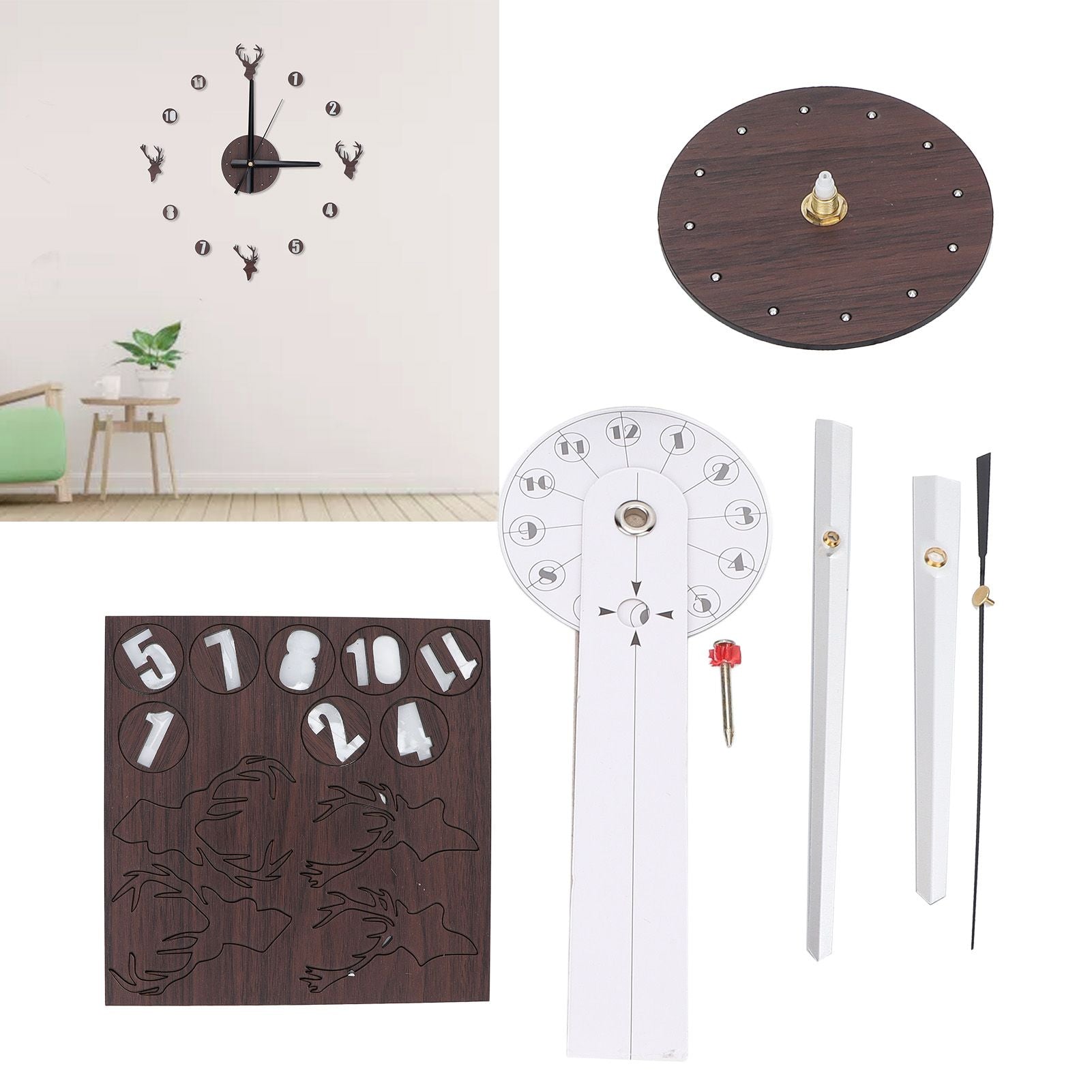 Frameless Wall Clock Deer Head 3D Effect Self Adhesive DIY Clock with Silent Movement for Living Room Bedroom V1294-YM0523-3115220016511