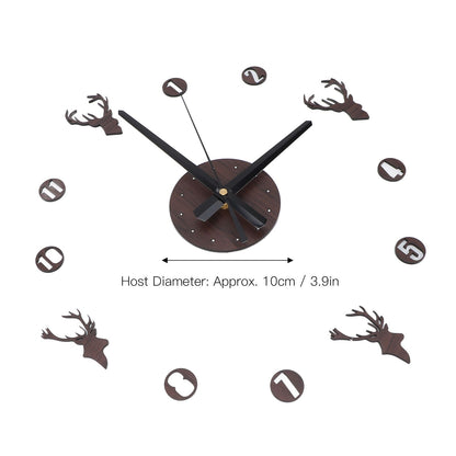 Frameless Wall Clock Deer Head 3D Effect Self Adhesive DIY Clock with Silent Movement for Living Room Bedroom V1294-YM0523-3115220016511