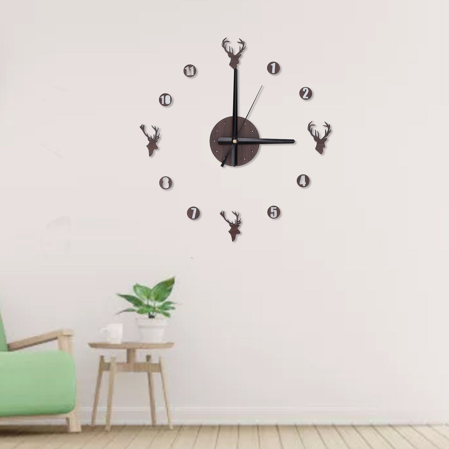 Frameless Wall Clock Deer Head 3D Effect Self Adhesive DIY Clock with Silent Movement for Living Room Bedroom V1294-YM0523-3115220016511
