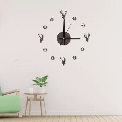 Frameless Wall Clock Deer Head 3D Effect Self Adhesive DIY Clock with Silent Movement for Living Room Bedroom V1294-YM0523-3115220016511