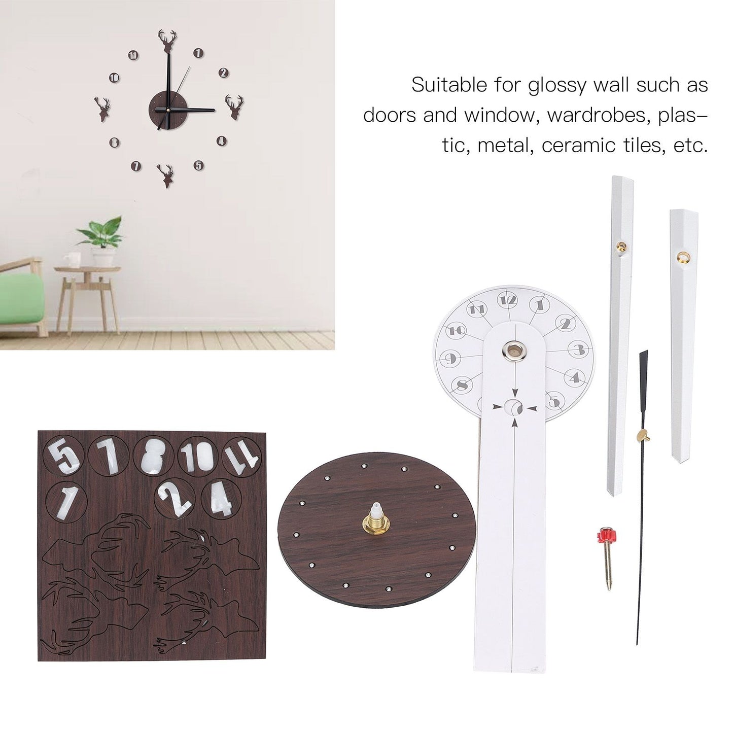 Frameless Wall Clock Deer Head 3D Effect Self Adhesive DIY Clock with Silent Movement for Living Room Bedroom V1294-YM0523-3115220016511