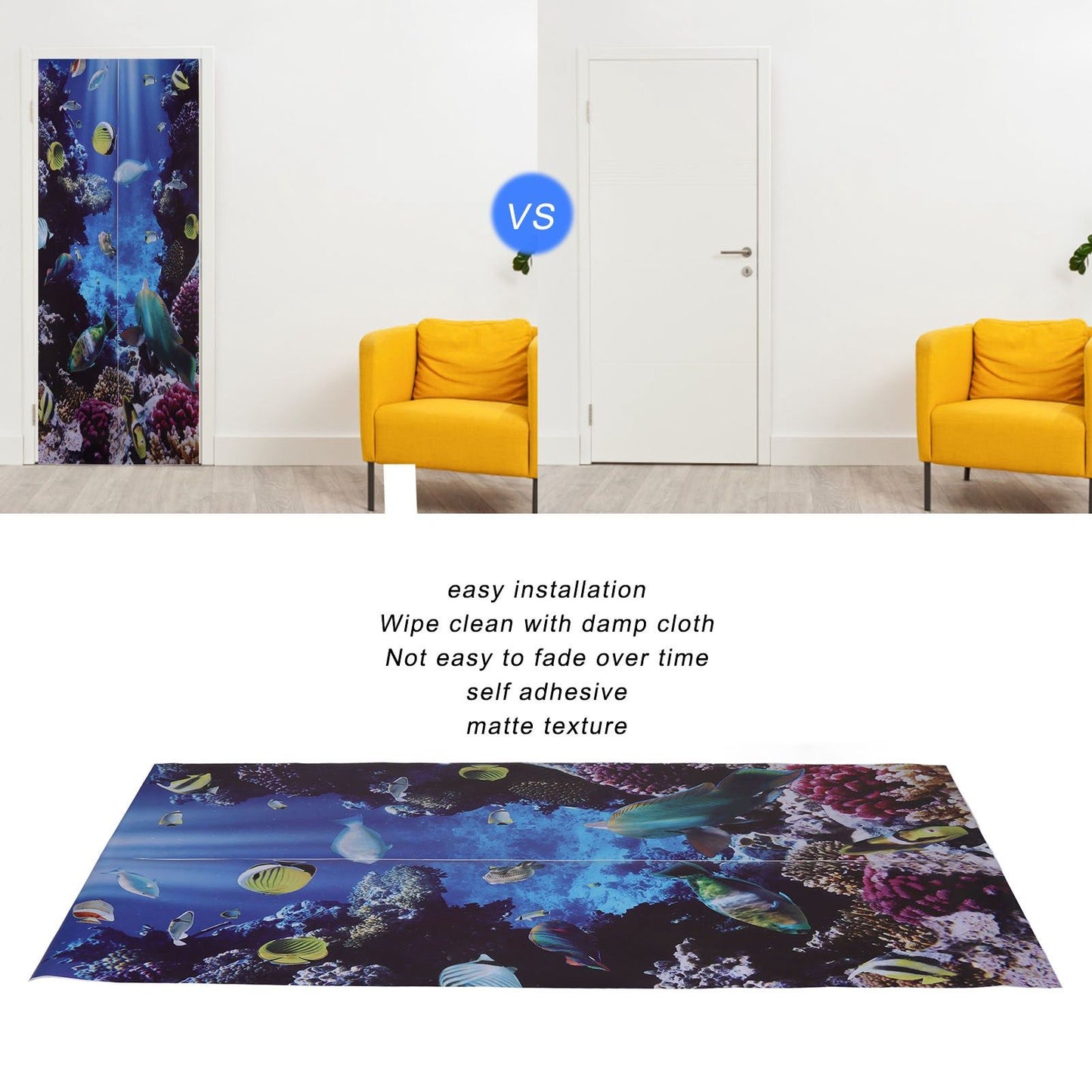 2pcs Door Sticker Underwater World Pattern Frosted Texture Self Adhesive Waterproof 3D Door Poster for Home V1294-YM0523-3115220017711