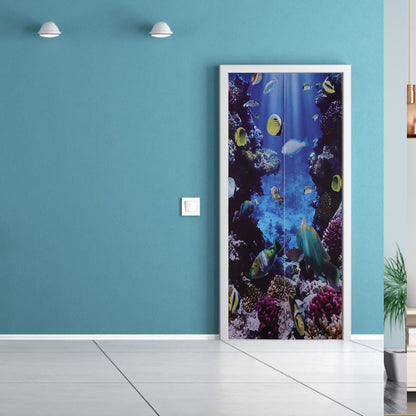 2pcs Door Sticker Underwater World Pattern Frosted Texture Self Adhesive Waterproof 3D Door Poster for Home V1294-YM0523-3115220017711