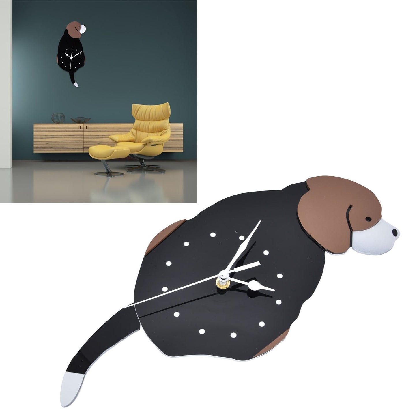 Wall Clock Self Adhesive Waterproof 3D Effect Silent Movement Dog Wall Clock with Tail for Window Living Room V1294-YM0523-3115220018211