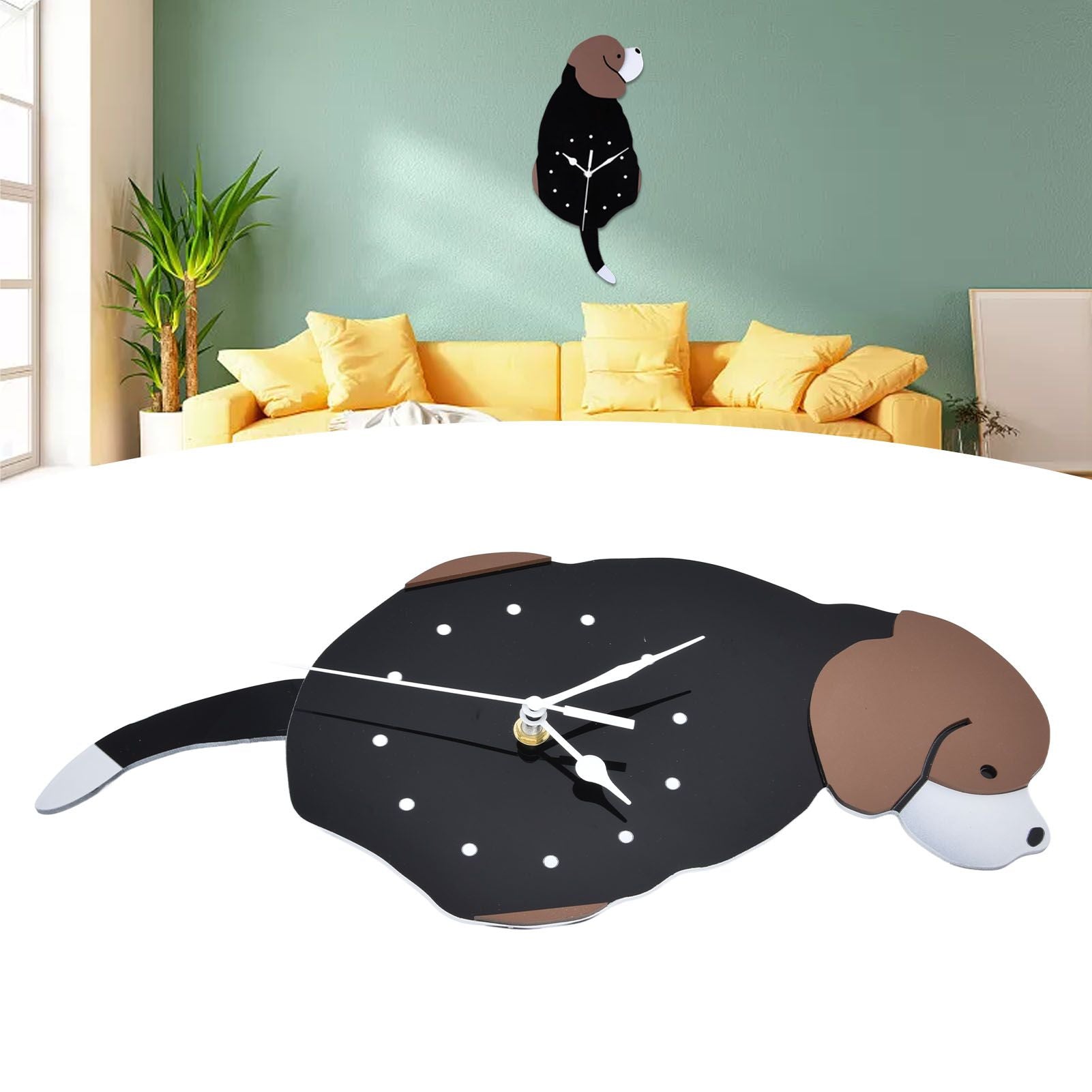Wall Clock Self Adhesive Waterproof 3D Effect Silent Movement Dog Wall Clock with Tail for Window Living Room V1294-YM0523-3115220018211