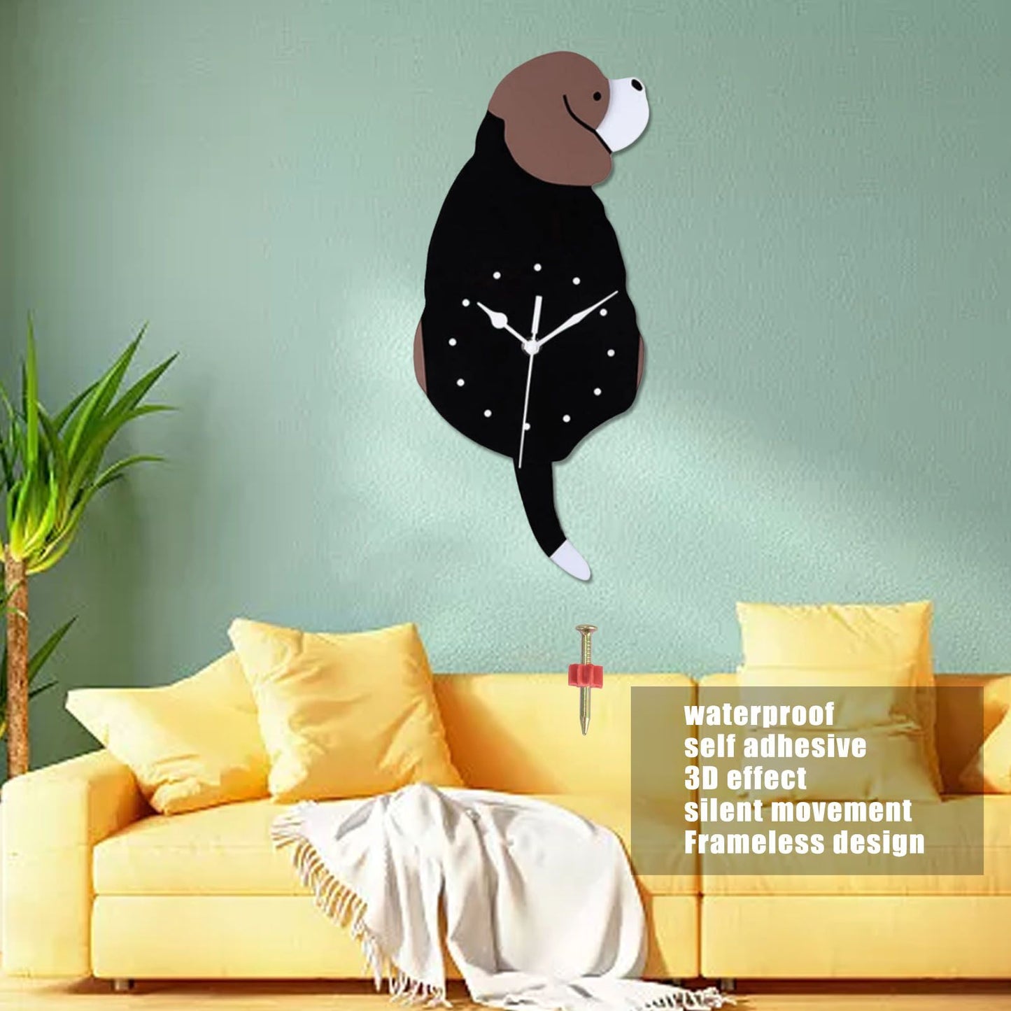 Wall Clock Self Adhesive Waterproof 3D Effect Silent Movement Dog Wall Clock with Tail for Window Living Room V1294-YM0523-3115220018211