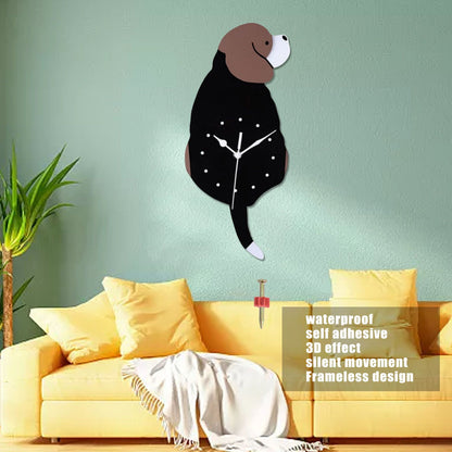 Wall Clock Self Adhesive Waterproof 3D Effect Silent Movement Dog Wall Clock with Tail for Window Living Room V1294-YM0523-3115220018211