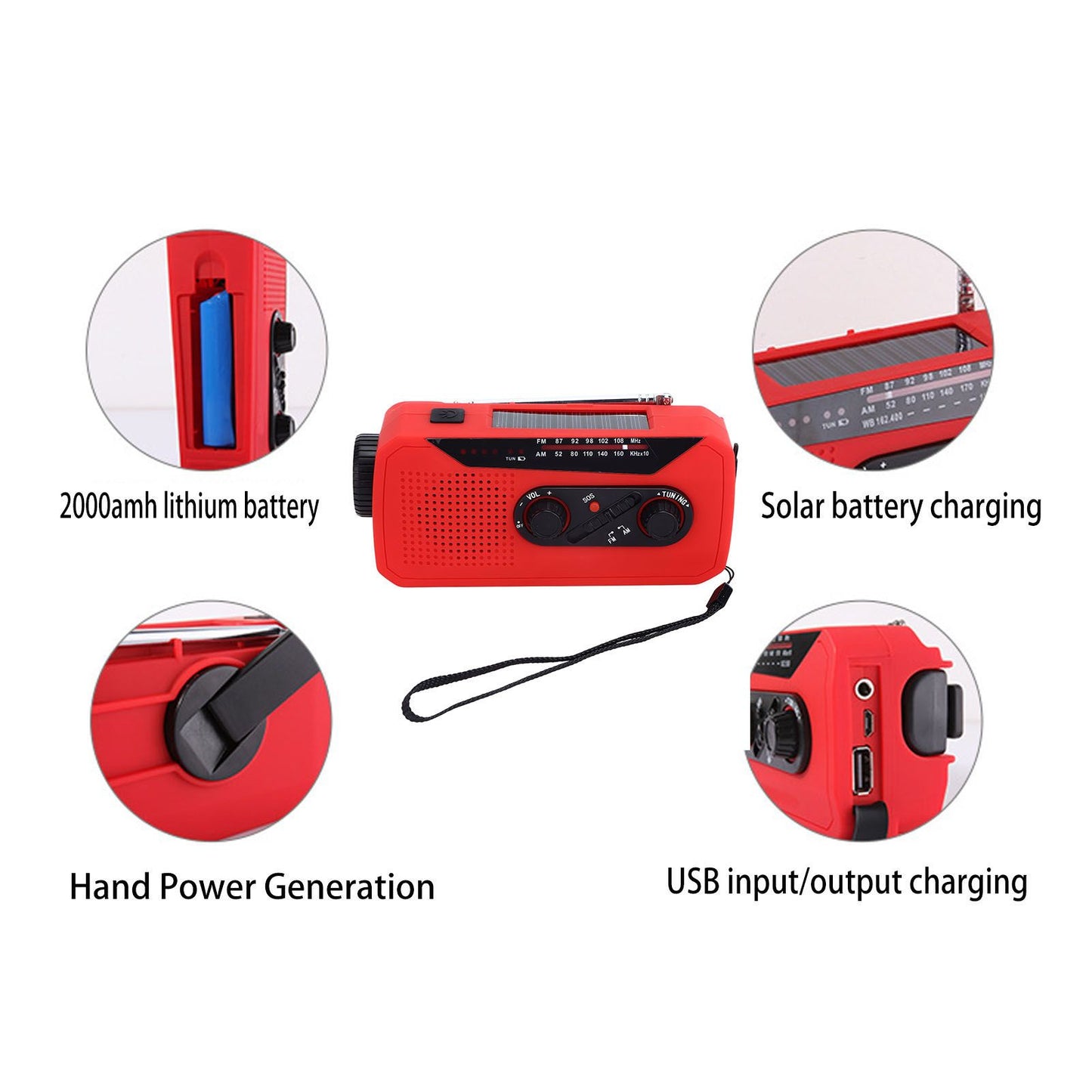 Emergency Radio Hand Power Generation Solar Radio with LED Flashlight 2000mah Charging for Camping HikingRed V1294-YM0523-3115220020412