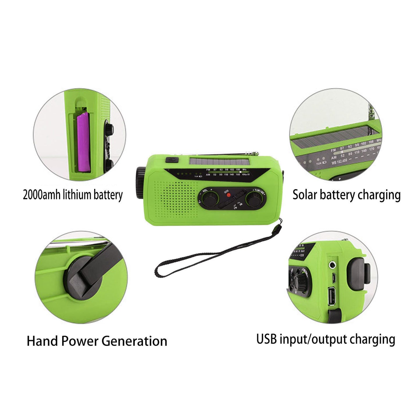 Emergency Radio Hand Power Generation Solar Radio with LED Flashlight 2000mah Charging for Camping V1294-YM0523-3115220020414