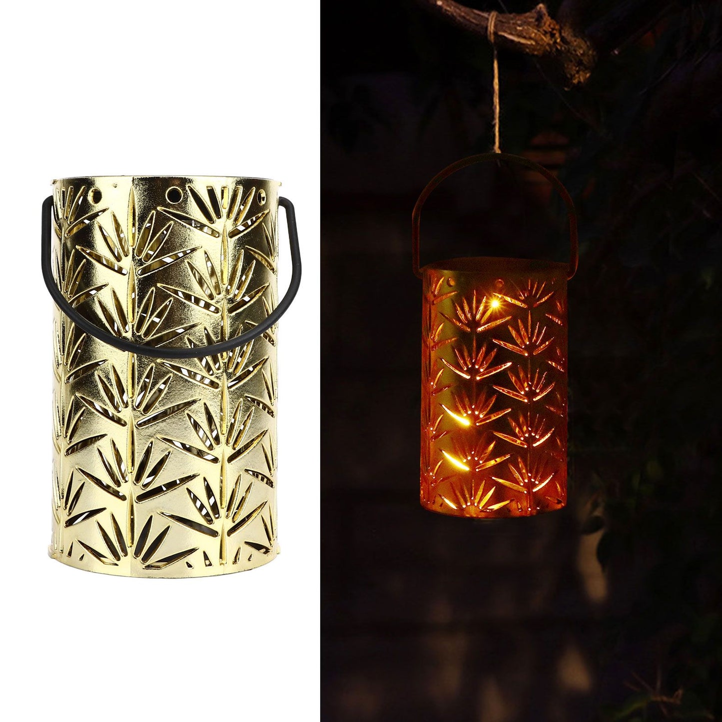 LED Hanging Lantern with Leaf Hollow Pattern Portable Fireplace Lamp for Party House Yard Decoration Gold V1294-YM0523-3115220022112