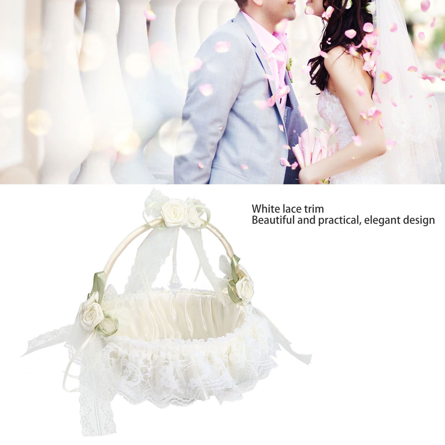 Wedding White Flower Basket Sufficient Capacity Lace Edge Elegant Romantic Flower Basket for Wedding V1294-YM0523-3115220023611