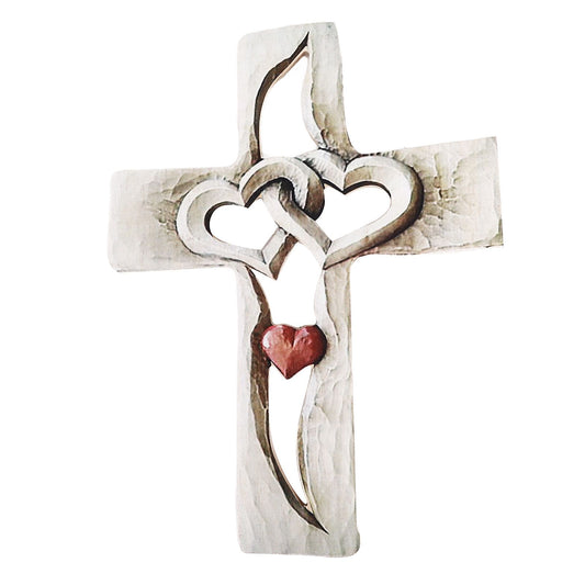 Carved Wooden Cross Intertwined Hearts Wall Hanging Hand Carved Wood Cross for Living Room Study Bedroom V1294-YM0523-3115220027211