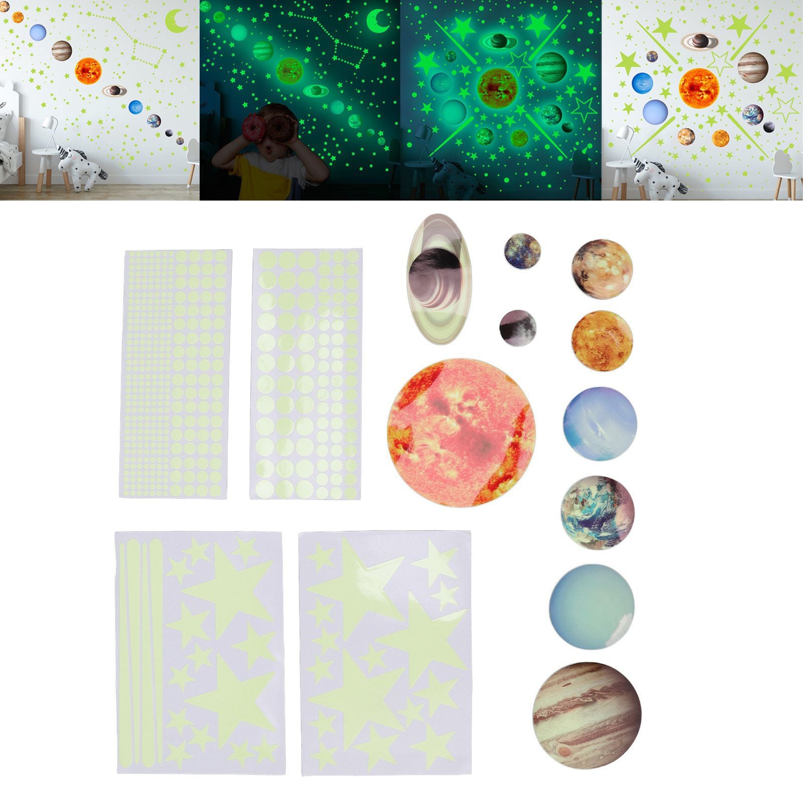 14pcs Glowing Planets Wall Stickers Glow in The Dark Star Solar System Decal for Children Bedroom Nursery V1294-YM0523-3115220032211