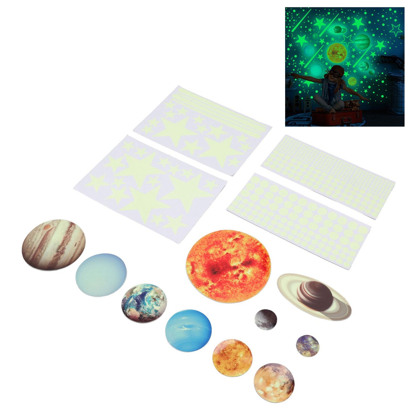 14pcs Glowing Planets Wall Stickers Glow in The Dark Star Solar System Decal for Children Bedroom Nursery V1294-YM0523-3115220032211