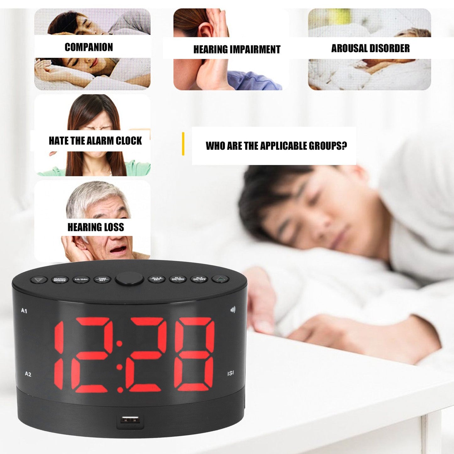 Digital Alarm Clock USB Charging Alarm Clock with 3 Vibration Modes and 2 Time Modes V1294-YM0523-3115220032811