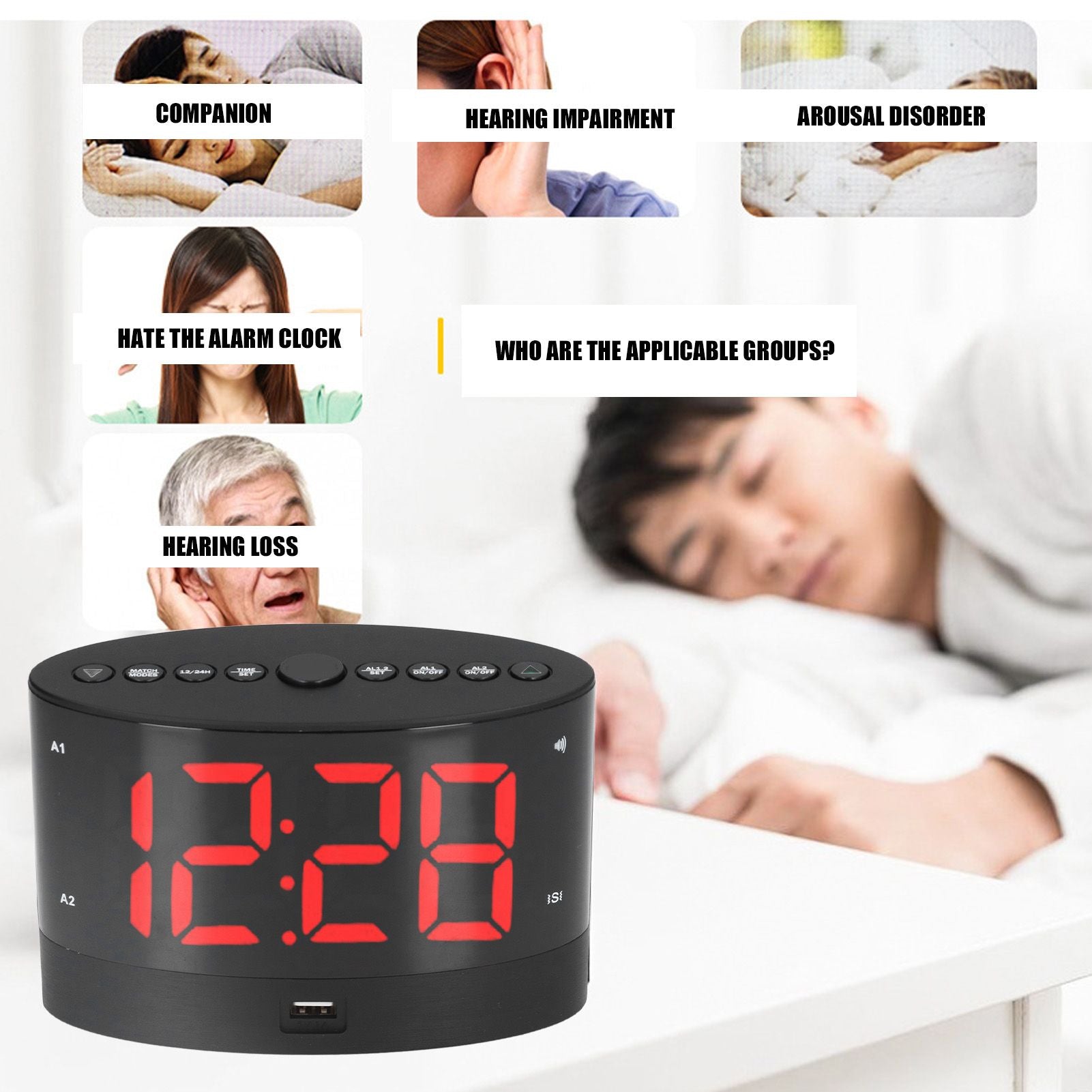 Digital Alarm Clock USB Charging Alarm Clock with 3 Vibration Modes and 2 Time Modes V1294-YM0523-3115220032811