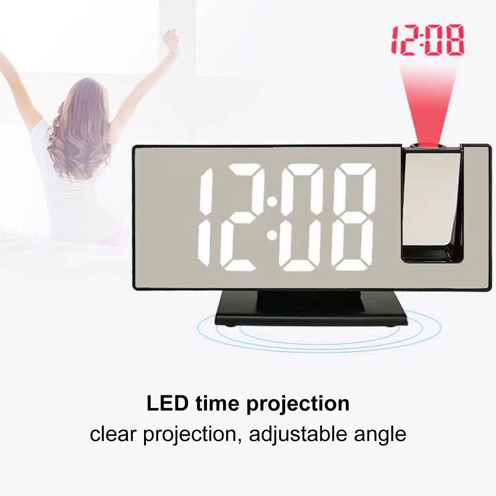 Digital Alarm Clock 180 degrees Rotatable Projection 4 Level Brightness LED Mirror Display for Home Office V1294-YM0523-3115220033011