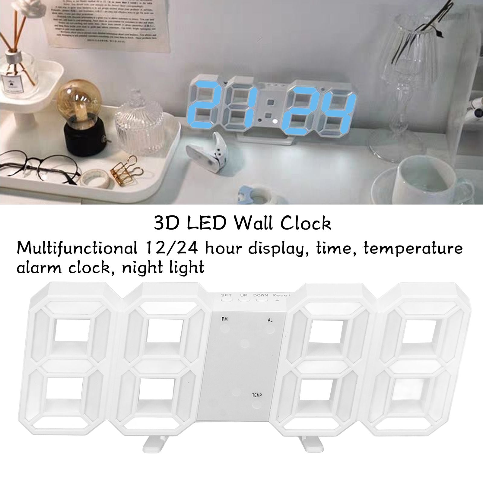 3D LED Wall Clock Minimalist White Frame Digital Wall Alarm Clock Timer with Temperature for Home Livingroom V1294-YM0523-3115220041112