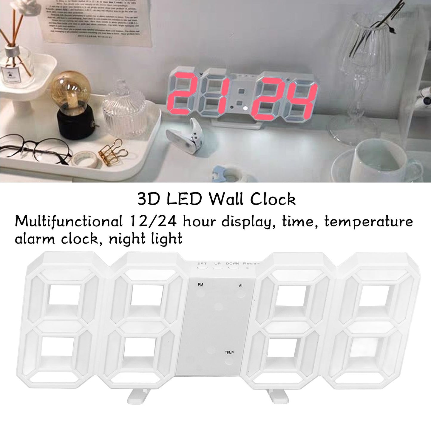 3D LED Wall Clock Minimalist White Frame Digital Wall Alarm Clock Timer with Temperature for Home Livingroom V1294-YM0523-3115220041113