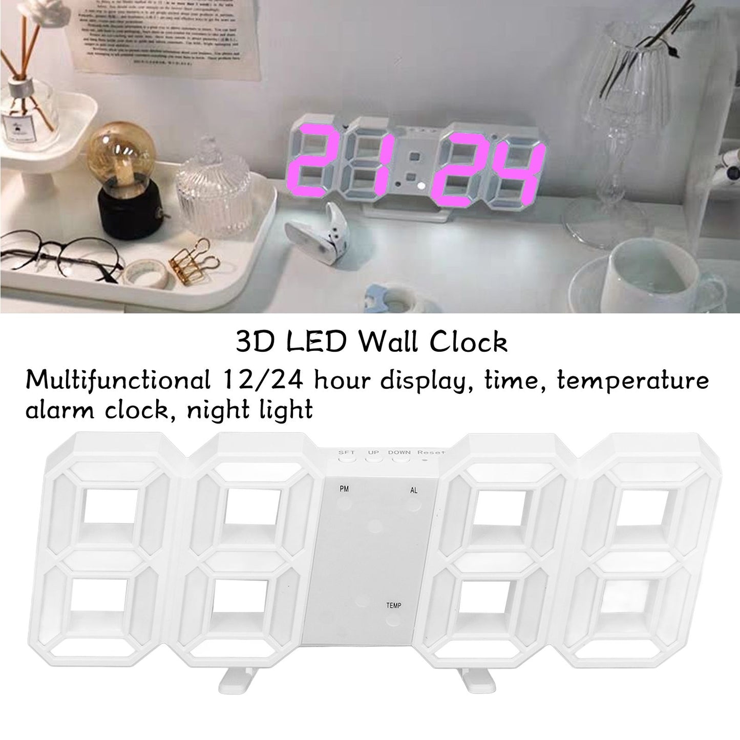 3D LED Wall Clock Minimalist White Frame Digital Wall Alarm Clock Timer with Temperature for Home Livingroom V1294-YM0523-3115220041114