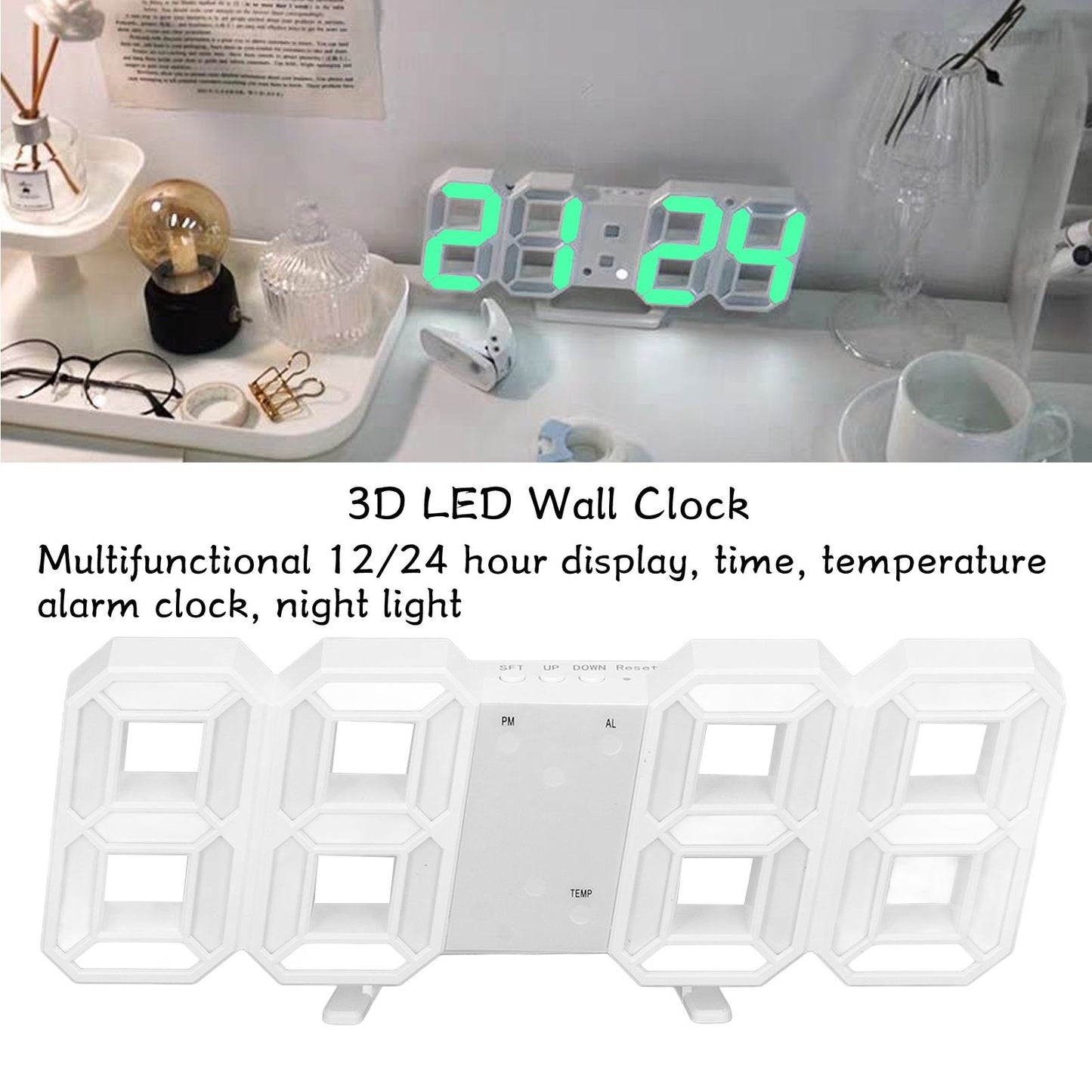 3D LED Wall Clock Minimalist White Frame Digital Wall Alarm Clock Timer with Temperature for Home Livingroom V1294-YM0523-3115220041115