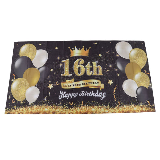 Happy Birthday Backdrop Washable Black Gold Balloon Fireworks Sign 16th Birthday Banner for Bedroom Yard V1294-YM0523-3115220044211