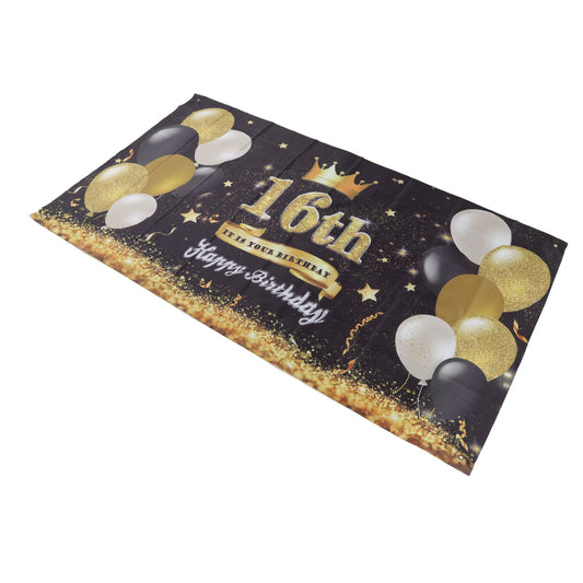 Happy Birthday Backdrop Washable Black Gold Balloon Fireworks Sign 16th Birthday Banner for Bedroom Yard V1294-YM0523-3115220044211