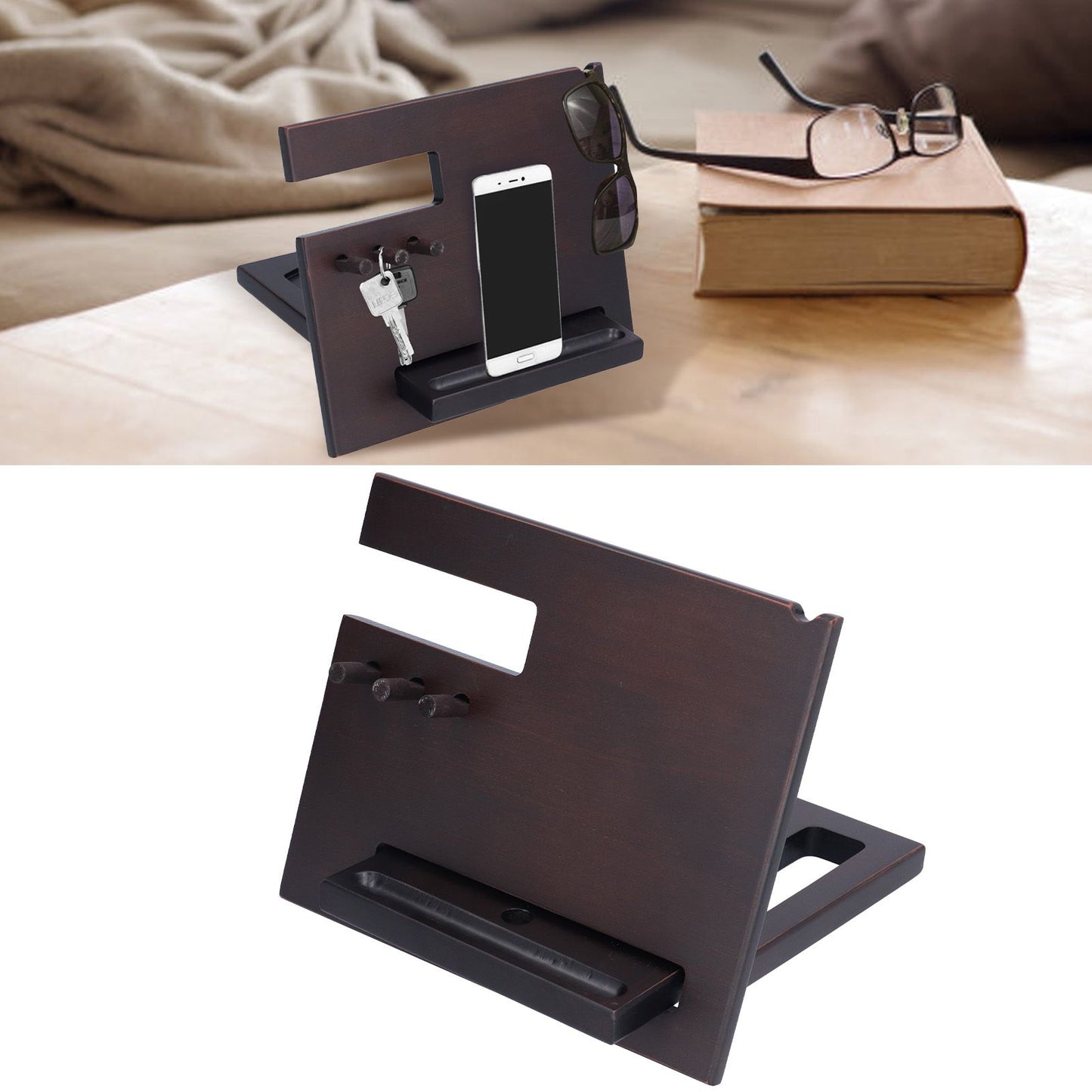 Wooden Mobile Phone Base Multifunctional Keychain Holder Storage Rack for Home Office V1294-YM0523-3116210069511