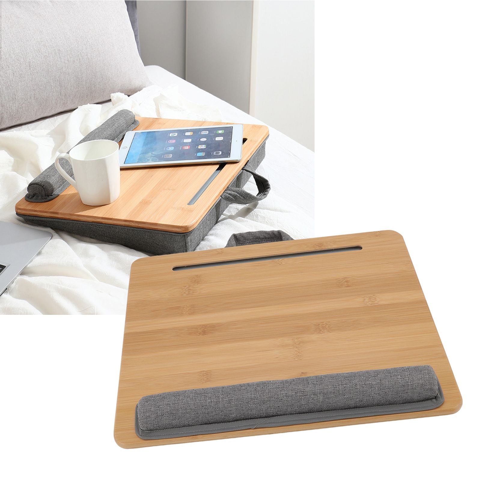 Laptop Table Multifunction Bamboo Lap Desk Bed Tray with Cushion for Reading Writing Playing V1294-YM0523-3116220004111