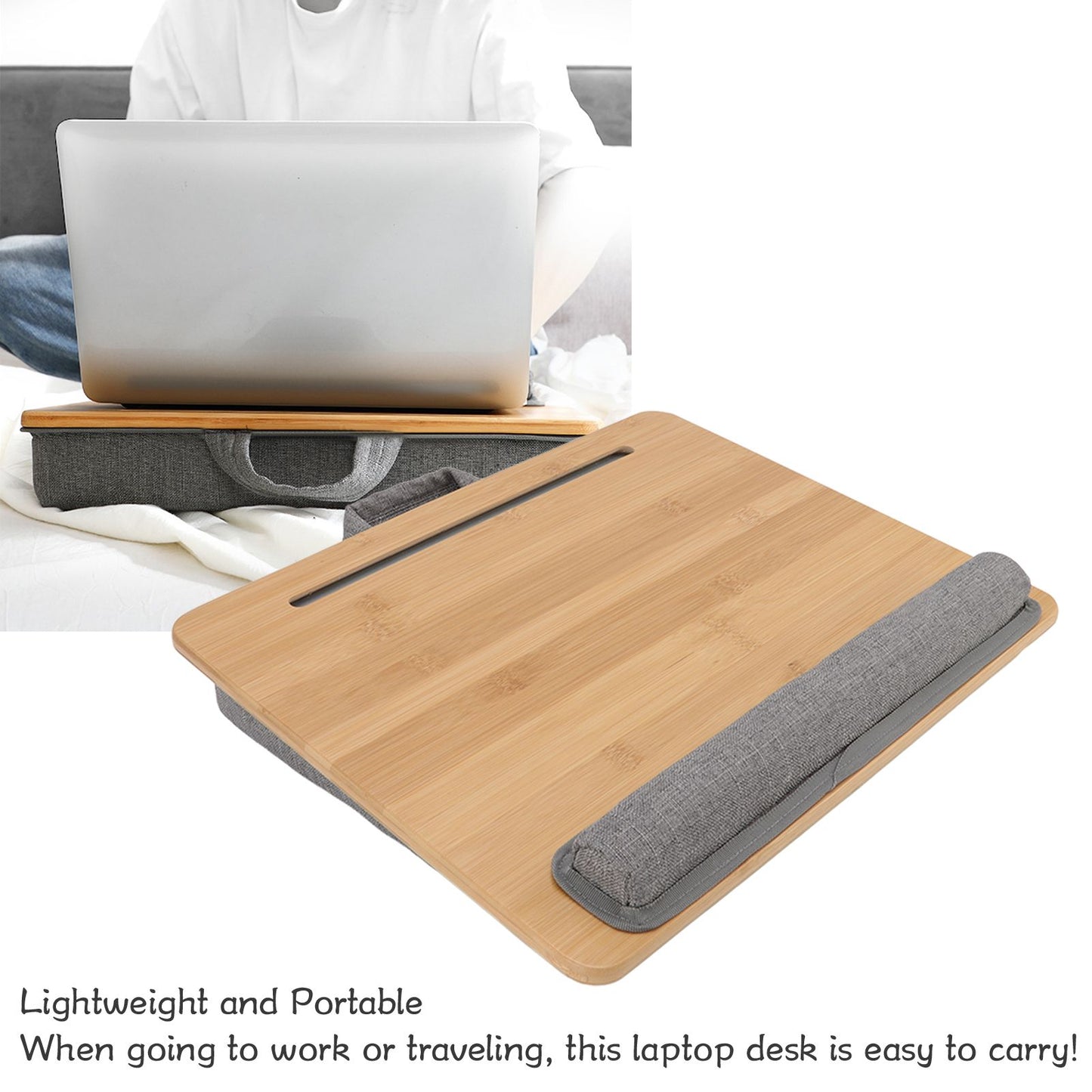 Laptop Table Multifunction Bamboo Lap Desk Bed Tray with Cushion for Reading Writing Playing V1294-YM0523-3116220004111