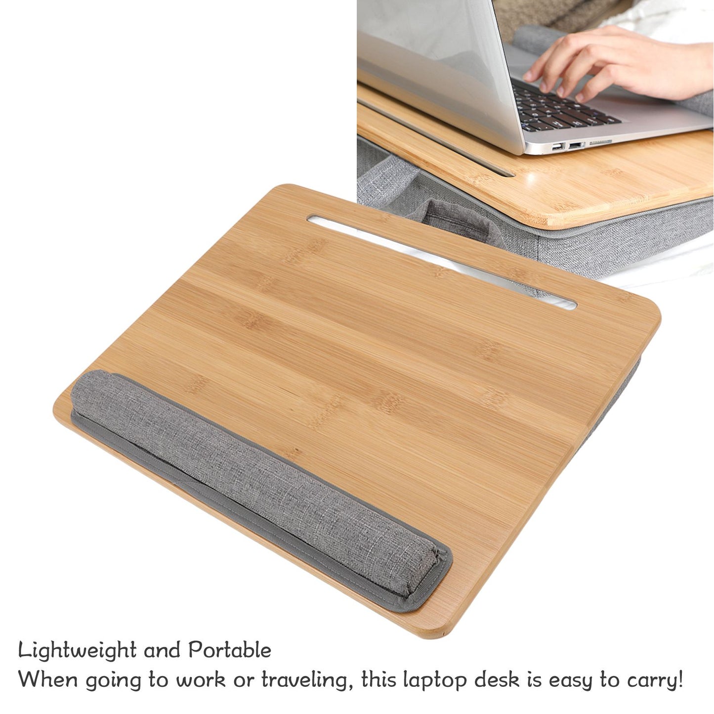 Laptop Table Multifunction Bamboo Lap Desk Bed Tray with Cushion for Reading Writing Playing V1294-YM0523-3116220004111