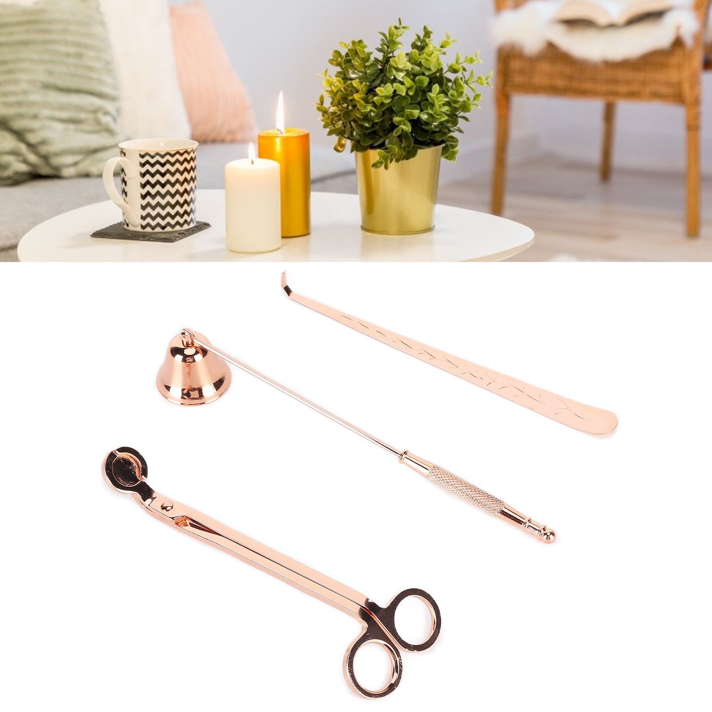 3PCS Candle Accessory Set Candle Wick Trimmer Cutter Snuffer Extinguisher Wick Dipper Gift SuppliesRose Gold V1294-YM0523-3117210129411