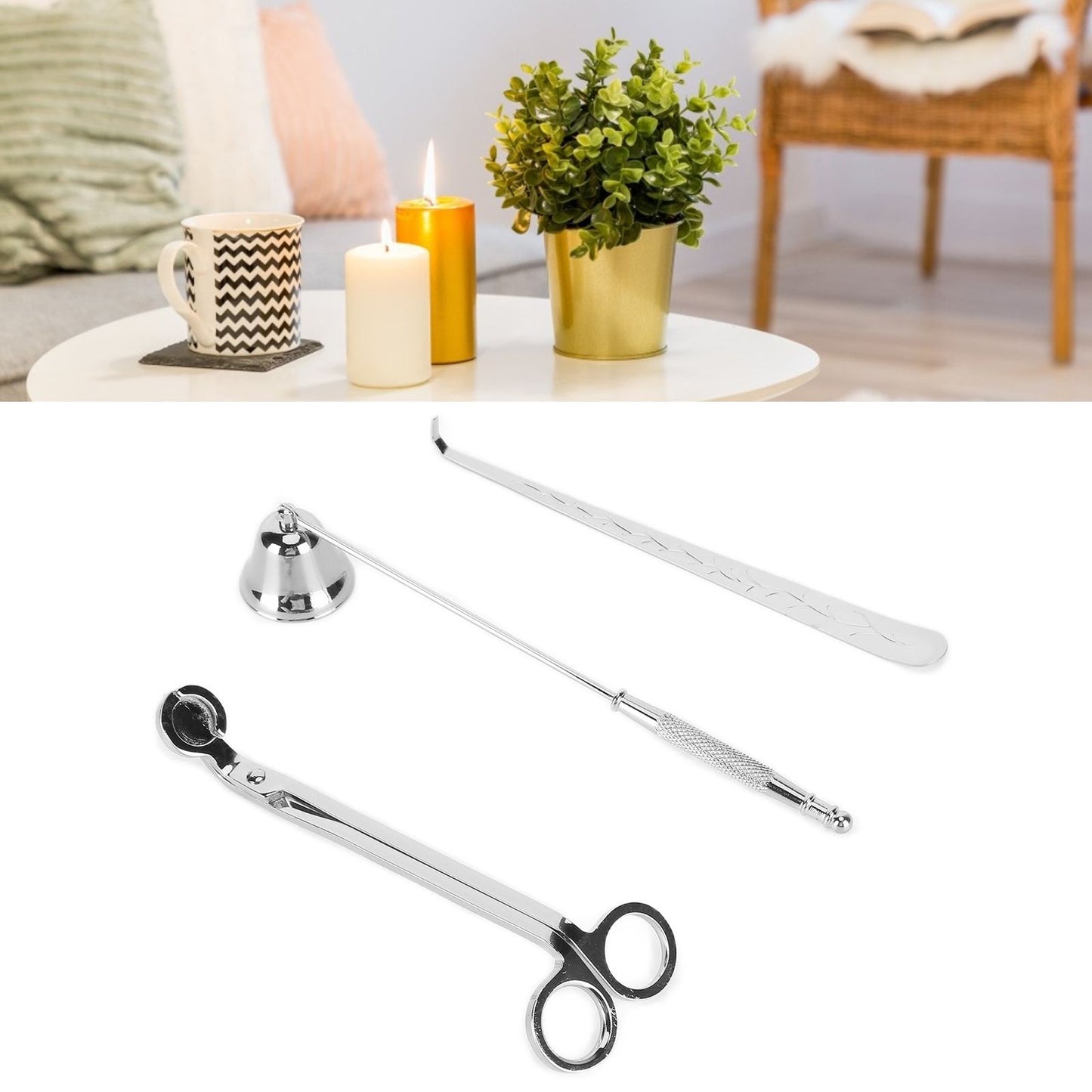 3PCS Candle Accessory Set Candle Wick Trimmer Cutter Snuffer Extinguisher Wick Dipper Gift SuppliesSilver V1294-YM0523-3117210129412