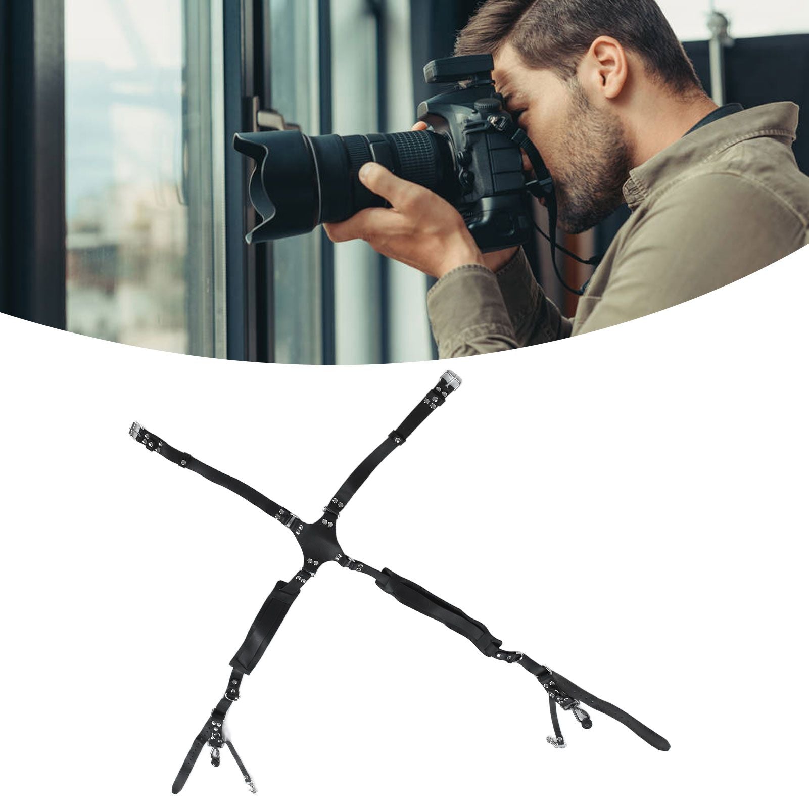 Camera Strap Dual Shoulder PU Leather Harness with D Rings Outdoor Photography Accessories V1294-YM0523-3117210198511