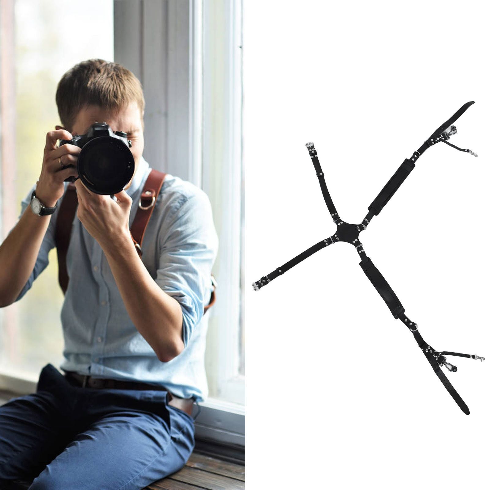 Camera Strap Dual Shoulder PU Leather Harness with D Rings Outdoor Photography Accessories V1294-YM0523-3117210198511