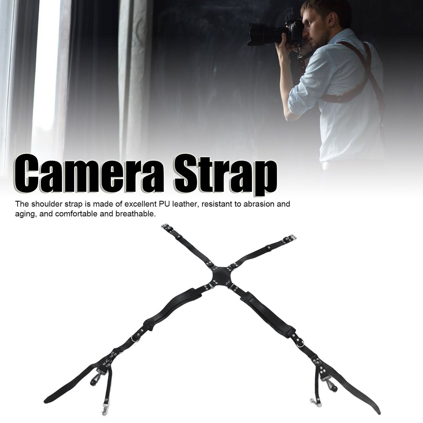 Camera Strap Dual Shoulder PU Leather Harness with D Rings Outdoor Photography Accessories V1294-YM0523-3117210198511