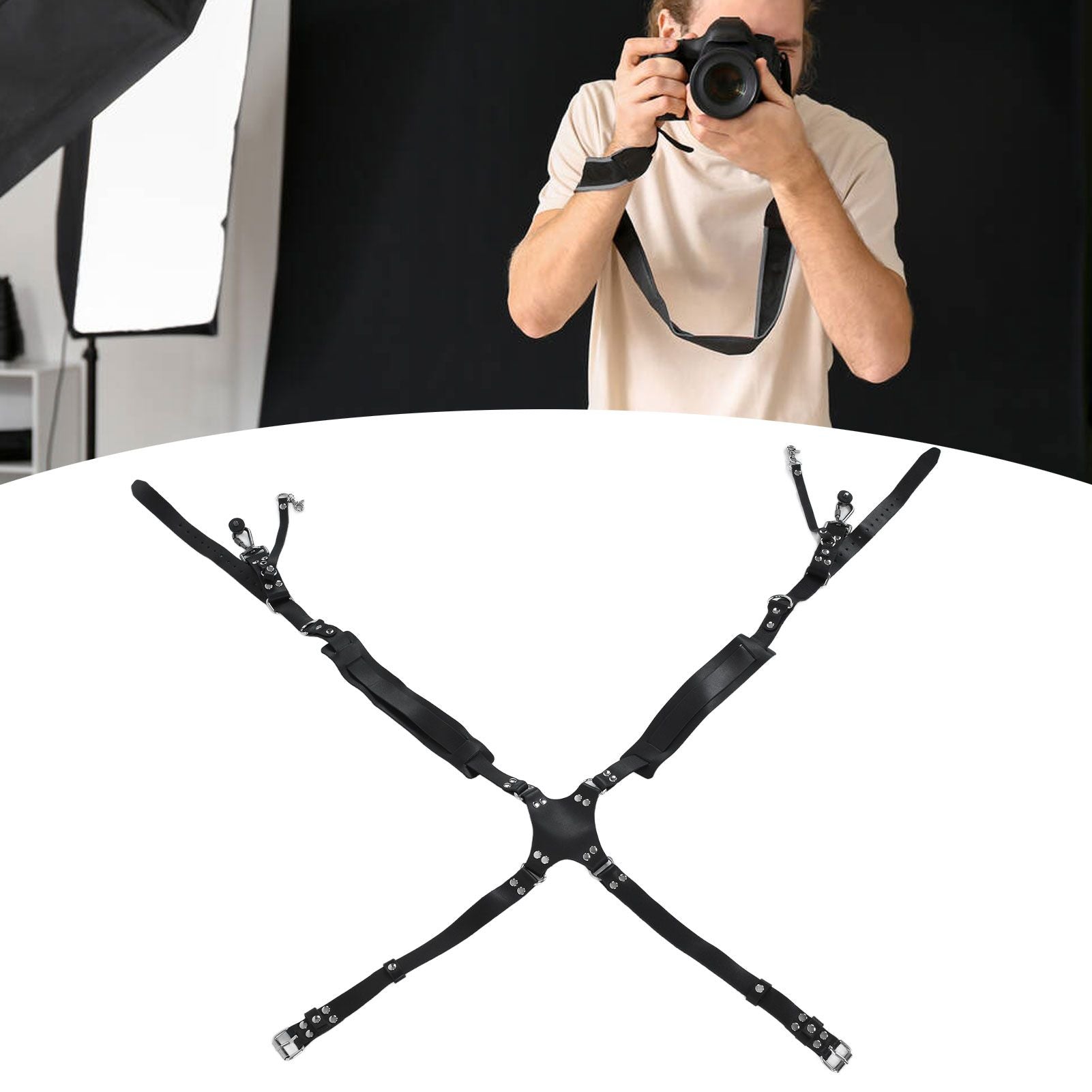Camera Strap Dual Shoulder PU Leather Harness with D Rings Outdoor Photography Accessories V1294-YM0523-3117210198511