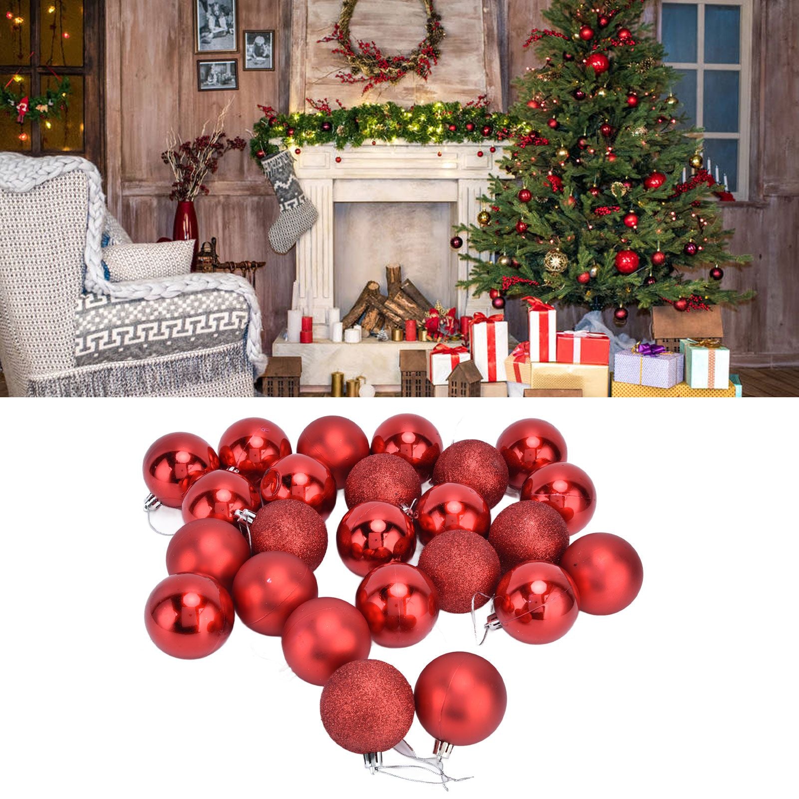 24Pcs Christmas Tree Ball 6cm Glittering Decoration Ornament for Home Party OfficeRed V1294-YM0523-3117210198812