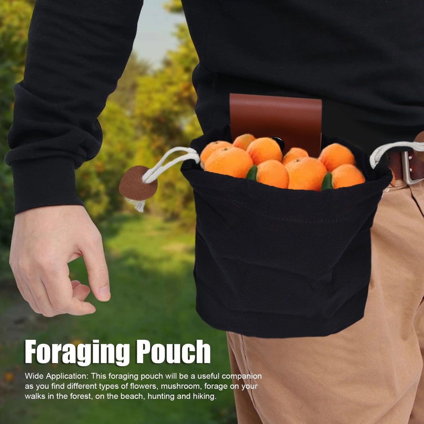Foraging Pouch PU Leather Canvas Fruit Picking Storage Bag Waist Hanging Tool Bag for Outdoor CampingBlack V1294-YM0523-3117210199111