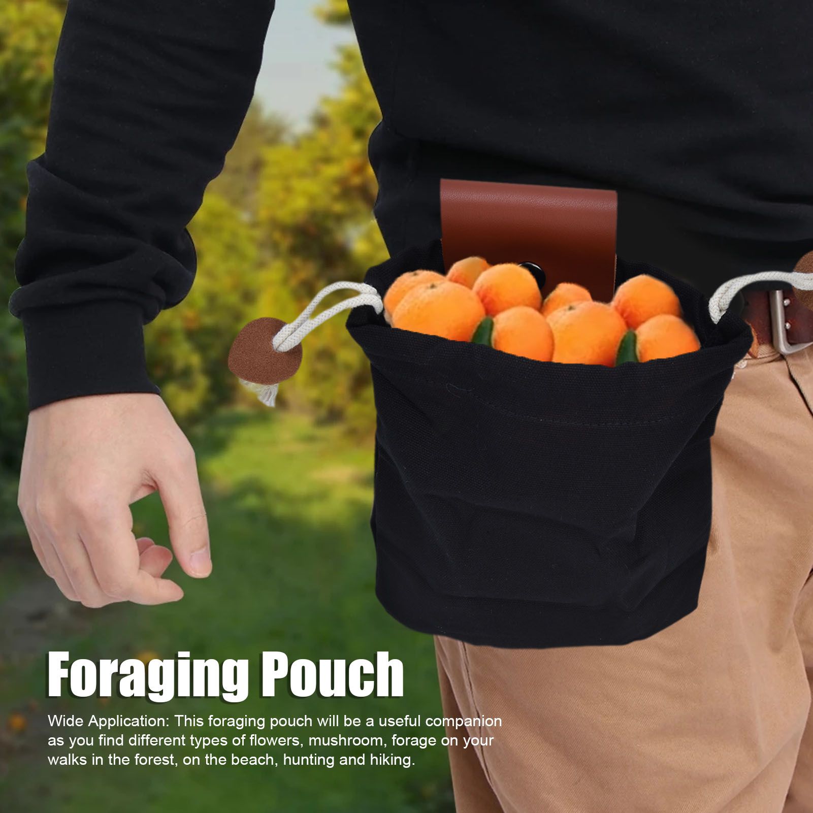 Foraging Pouch PU Leather Canvas Fruit Picking Storage Bag Waist Hanging Tool Bag for Outdoor CampingBlack V1294-YM0523-3117210199111
