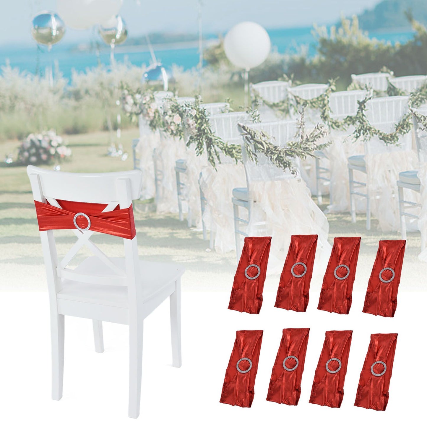 10Pcs Chair Cover Bands Elastic Stretch Sashes Bows for Wedding Banquet Hotel DecorationBright Red V1294-YM0523-3117210201011