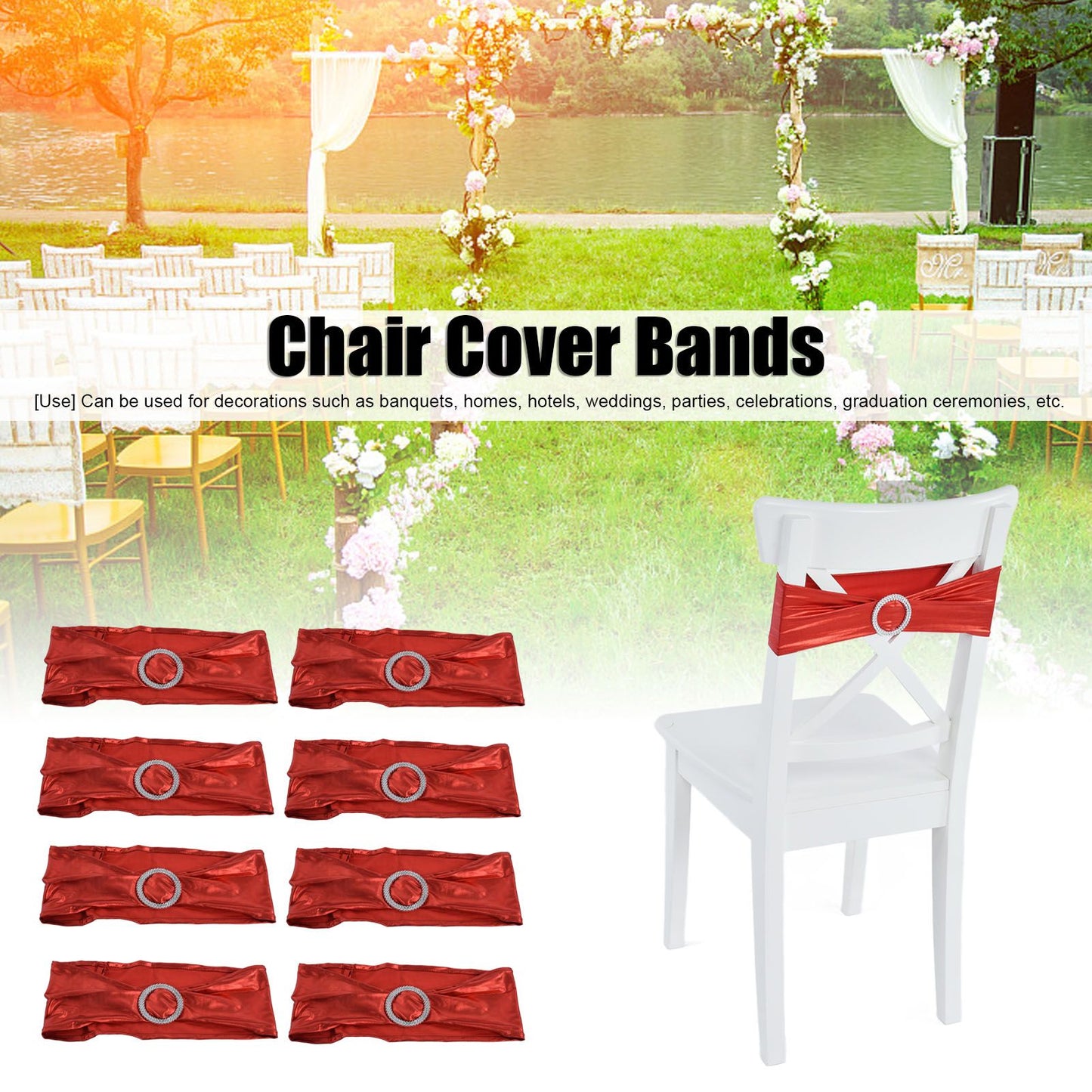 10Pcs Chair Cover Bands Elastic Stretch Sashes Bows for Wedding Banquet Hotel DecorationBright Red V1294-YM0523-3117210201011