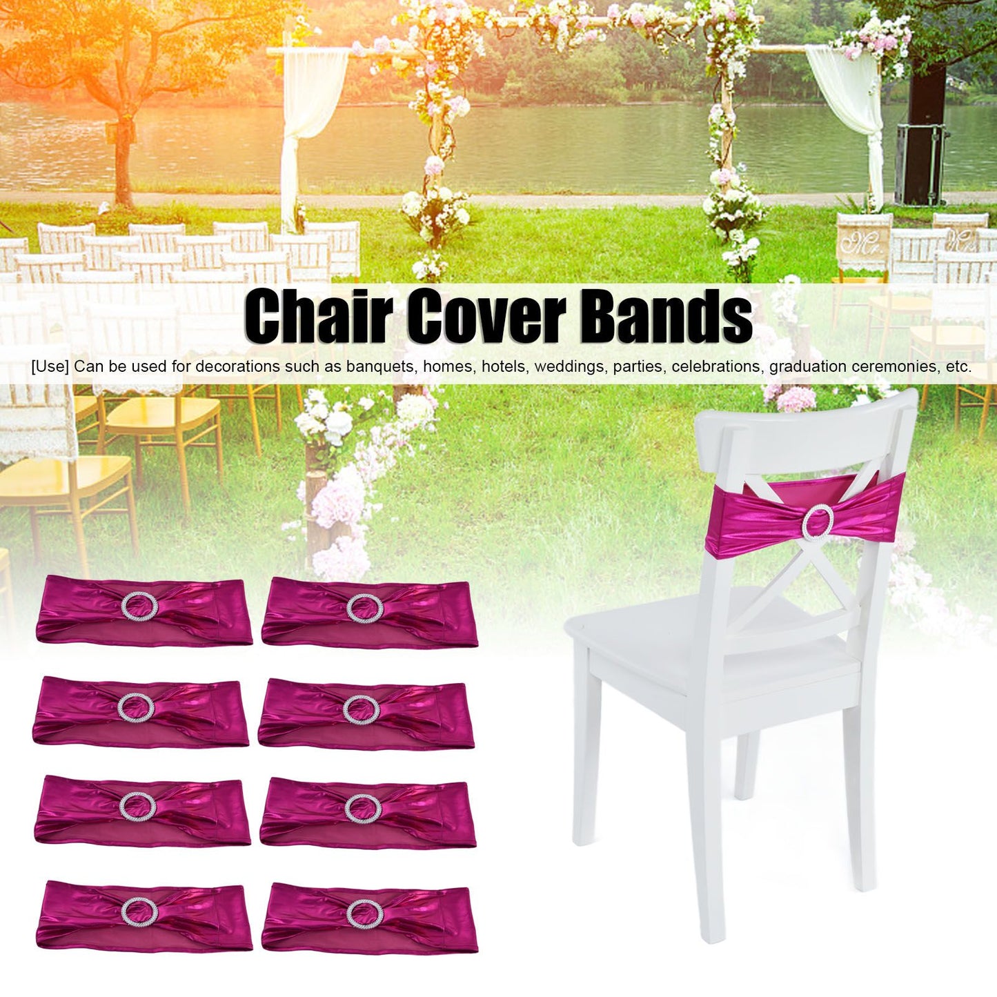 10Pcs Chair Cover Bands Elastic Stretch Sashes Bows for Wedding Banquet Hotel DecorationRose Red V1294-YM0523-3117210201013