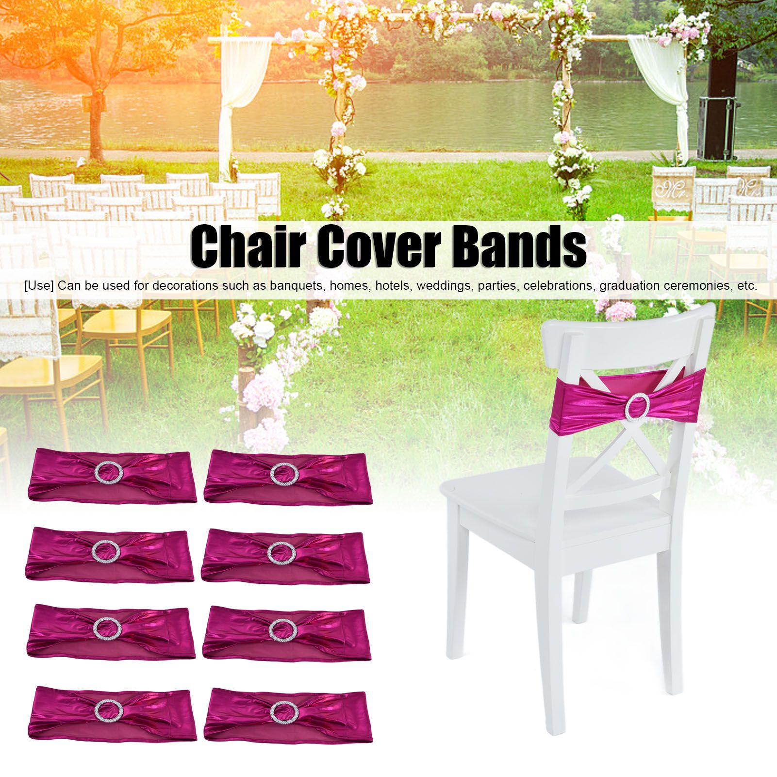 10Pcs Chair Cover Bands Elastic Stretch Sashes Bows for Wedding Banquet Hotel DecorationRose Red V1294-YM0523-3117210201013