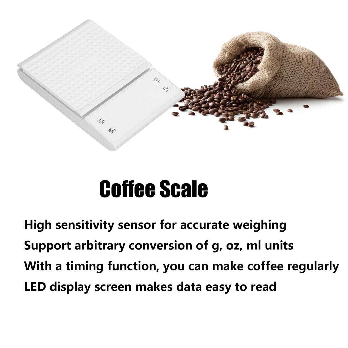 3kg/0.1g LED Display Electronic Scale Portable Timing Kitchen Coffee Scale with Non Slip Pads White V1294-YM0523-3117210210211