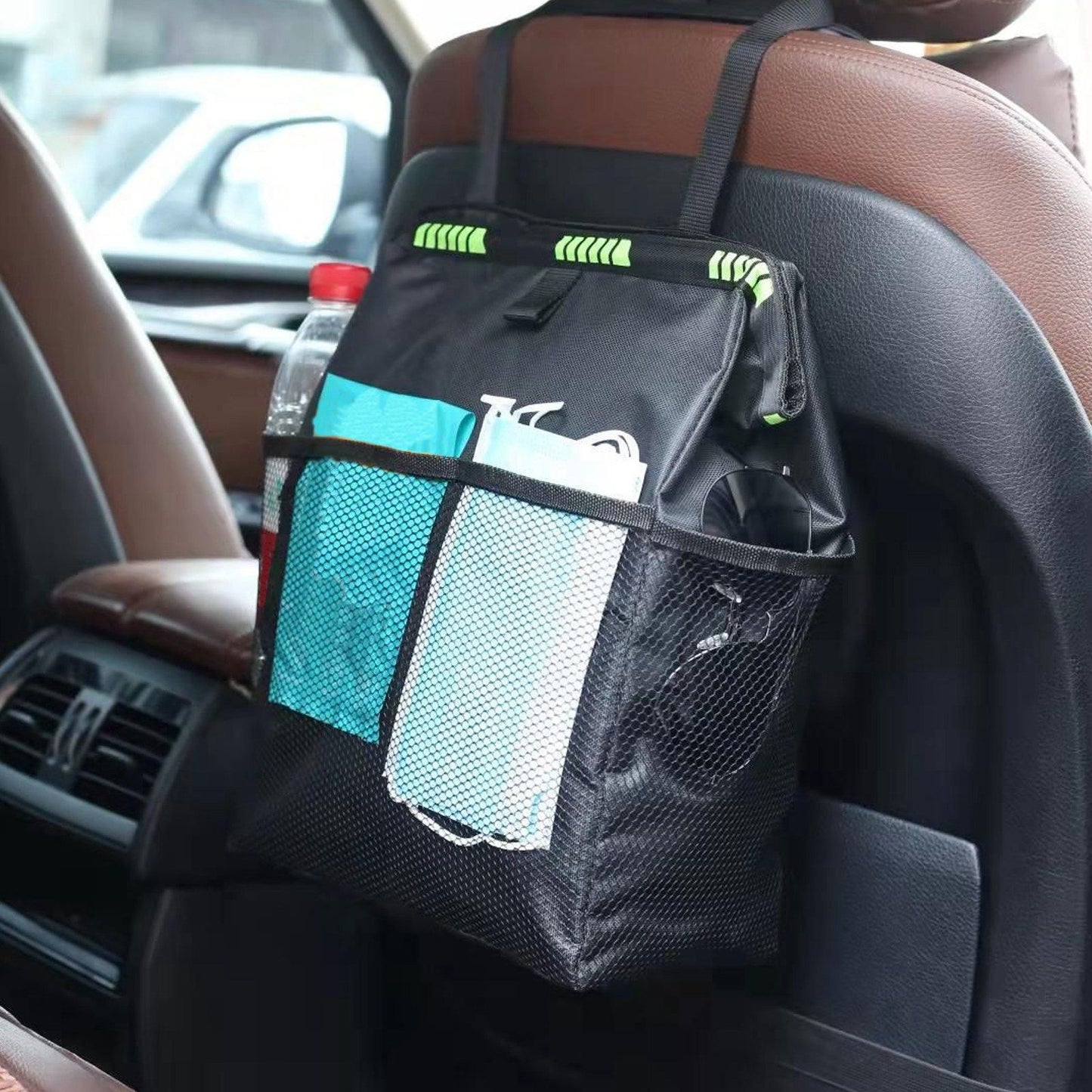 Car Garbage Storage Bag Waterproof Foldable Oxford Fabric Auto Litter Bin with Lid and Pockets Black V1294-YM0523-3117210211711