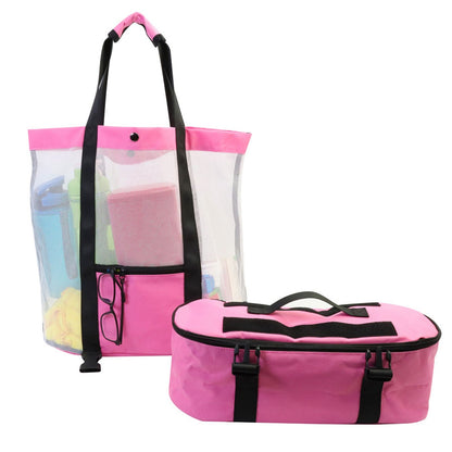 Beach Bags Mesh Cotton Oversized Storage Tote Bags for Beach Picnic Barbecue Camping Pink V1294-YM0523-3117210212411
