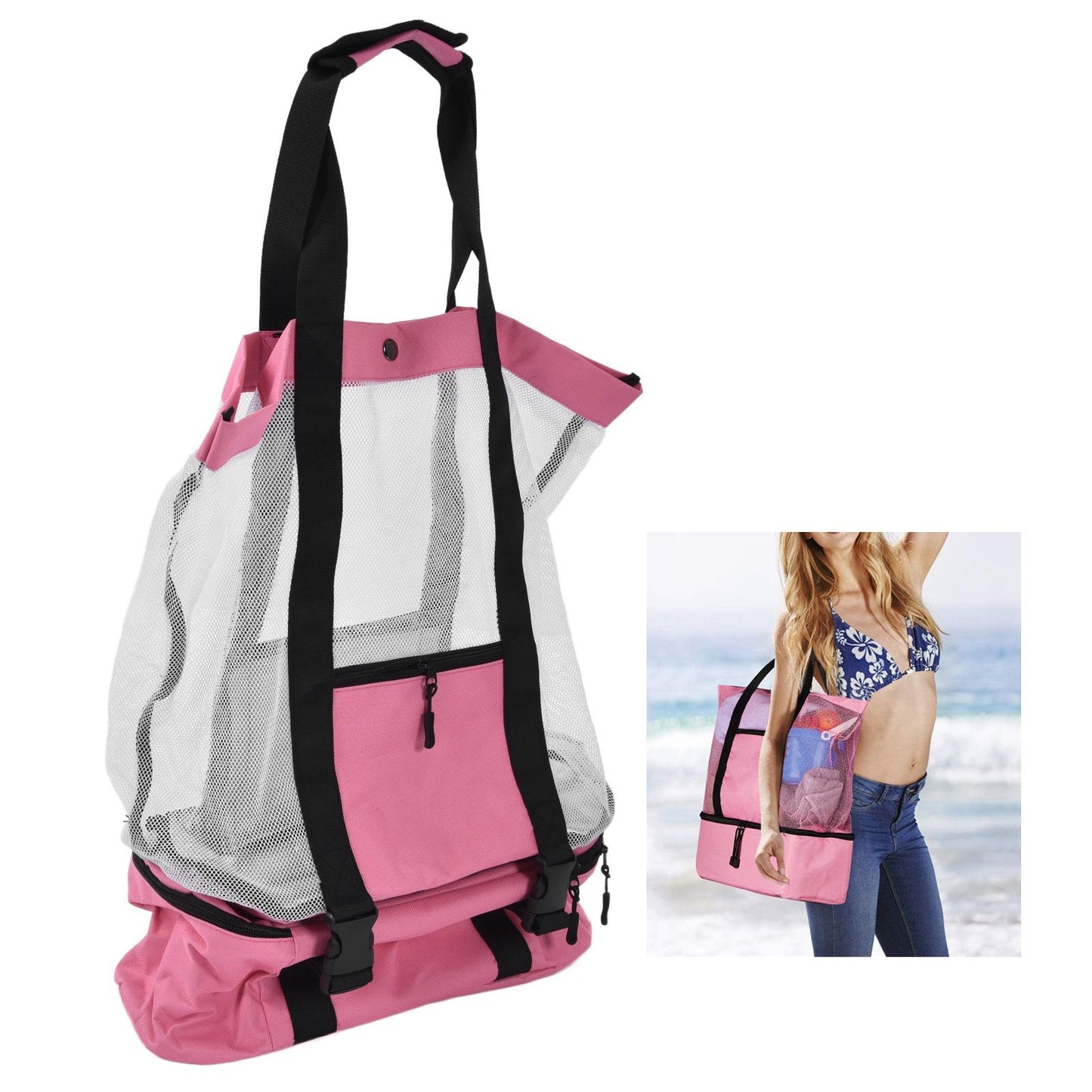 Beach Bags Mesh Cotton Oversized Storage Tote Bags for Beach Picnic Barbecue Camping Pink V1294-YM0523-3117210212411