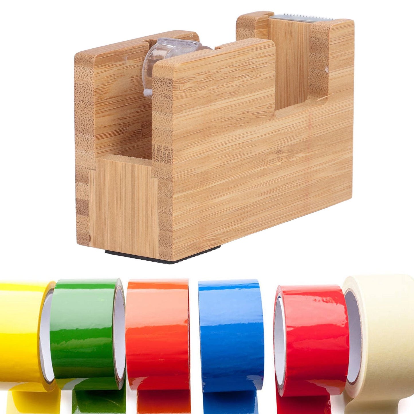 Desktop Tape Dispenser Bamboo Wood Tape Cutter Holder Adhesive Roll Base Stationery Tool V1294-YM0523-3117210255811